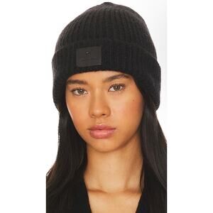 Anine Bing Elia Beanie Black Logo Leather Winter Hat Snow Alpaca Wool